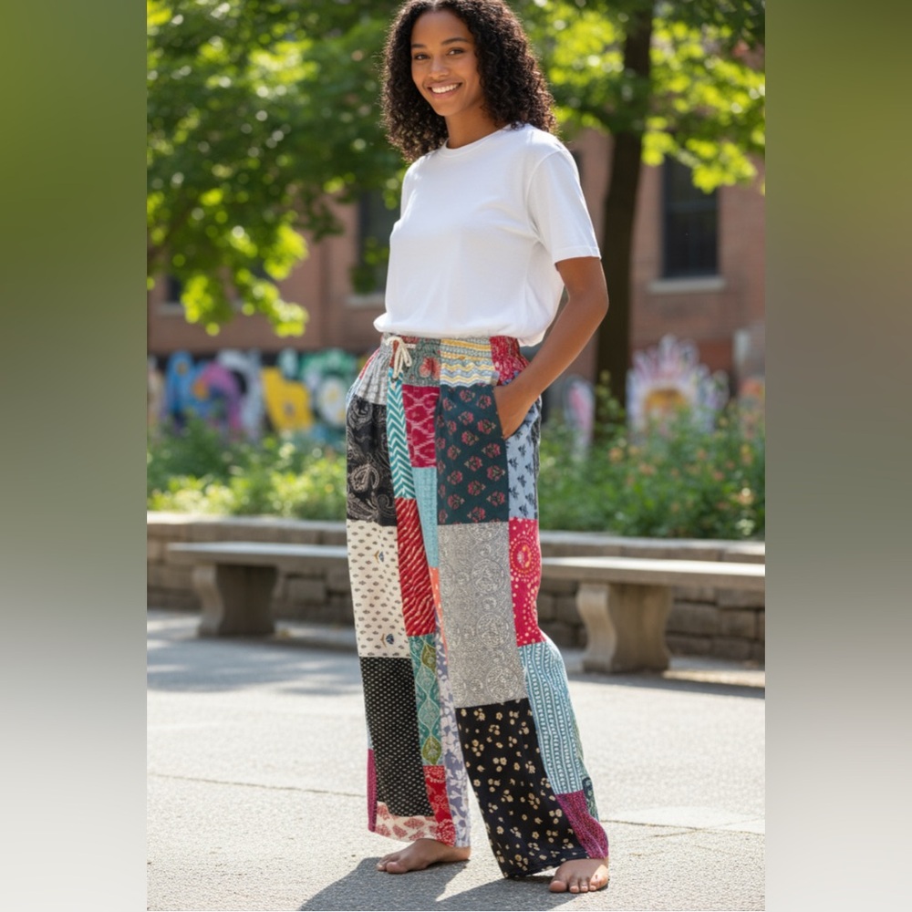 Kathmandu Imports Women’s Patchwork Pant Wide Leg Made In India Size S/M NWT